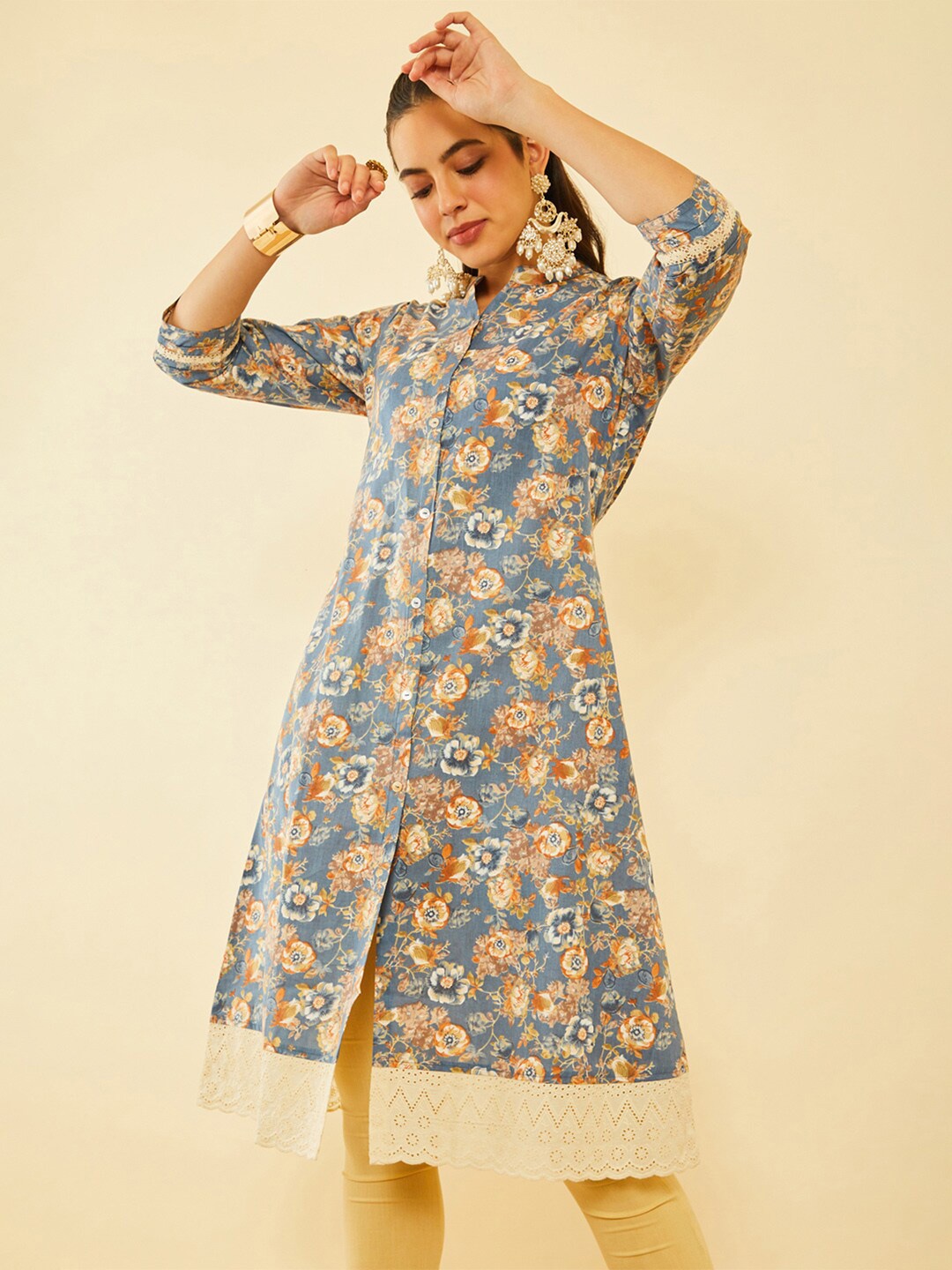 

Soch Floral Printed Cotton Kurta, Blue