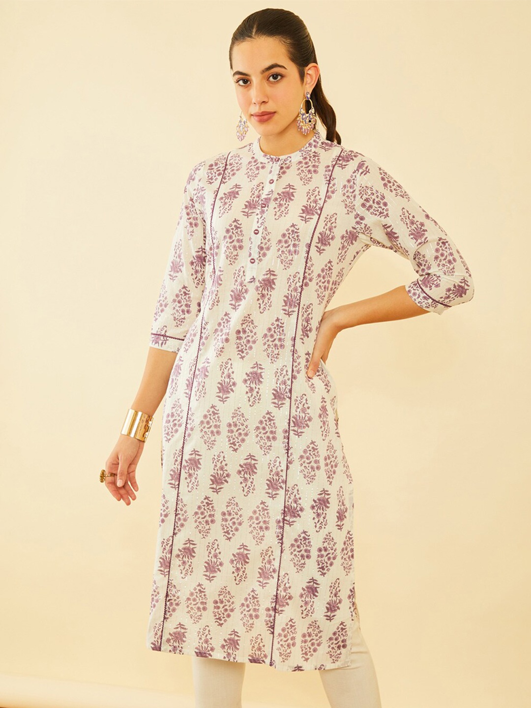 

Soch Purple Floral Printed Thread Work Pure Cotton Straight Kurta