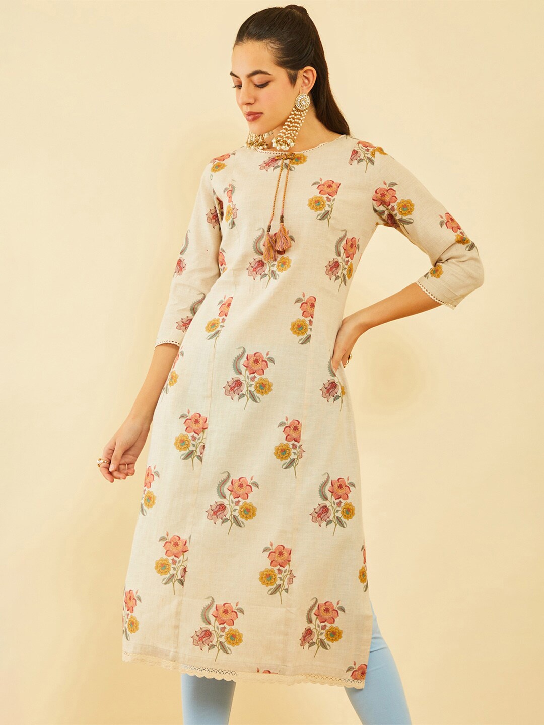 

Soch Floral Printed Tie Up Neck Tassels Detail Linen Straight Kurta, Beige