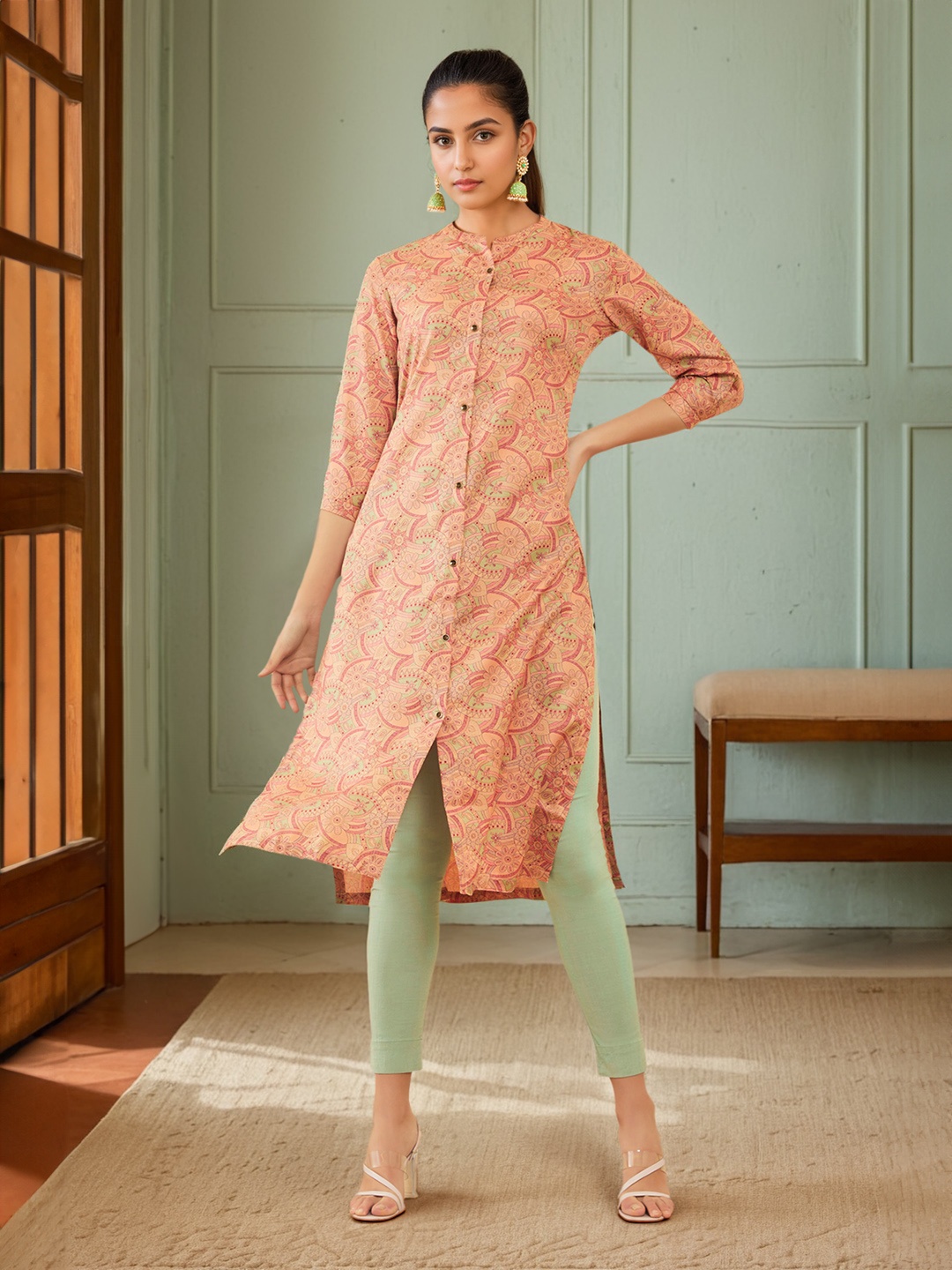 

Soch Ethnic Motifs Printed Mandarin Collar Straight Kurta, Peach