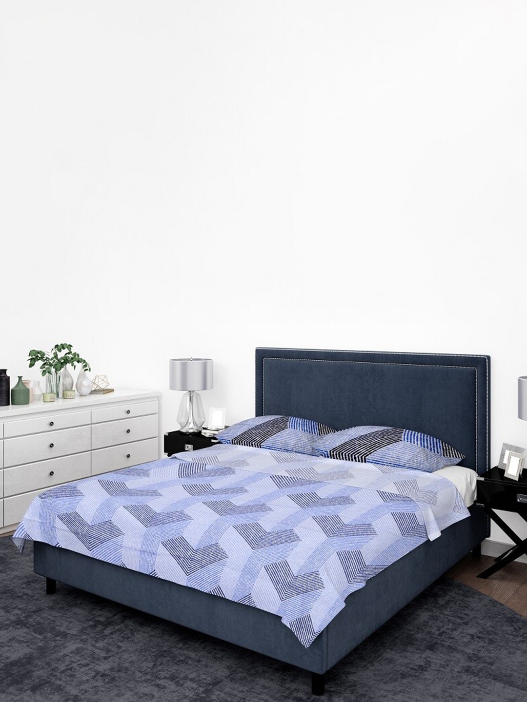 

BOMBAY DYEING Blue & Black Abstract Cotton 104 TC Queen Bedsheet With 2 Pillow Covers