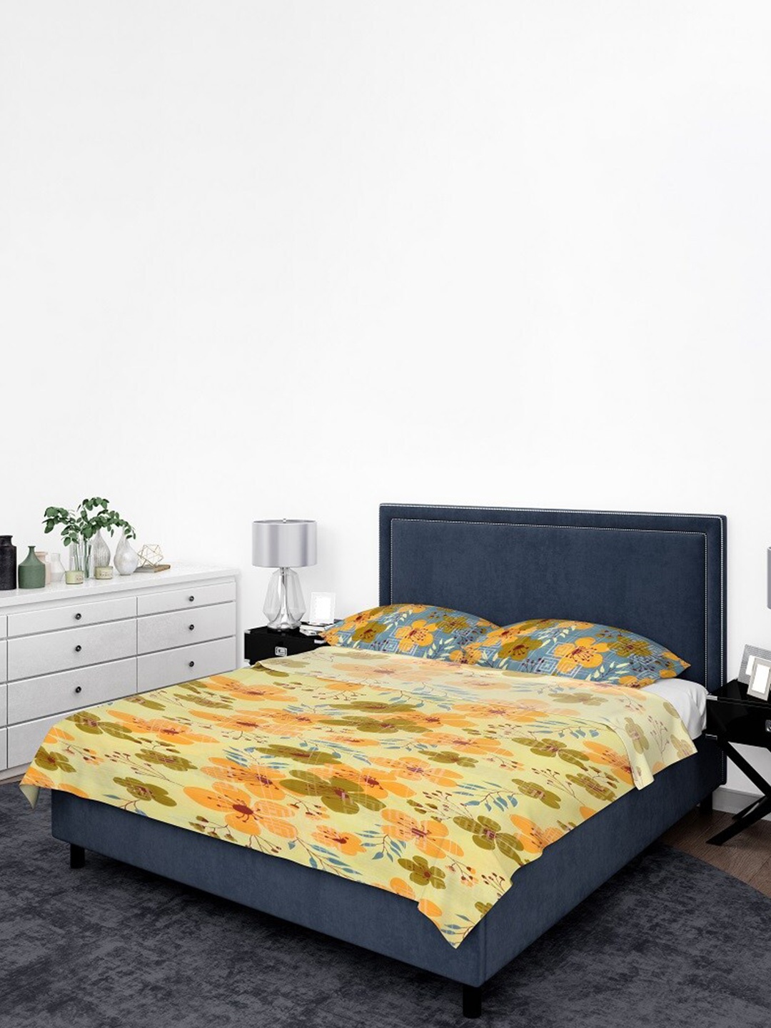 

BOMBAY DYEING Yellow & Blue Floral Cotton 104 TC Queen Bedsheet with 2 Pillow Covers
