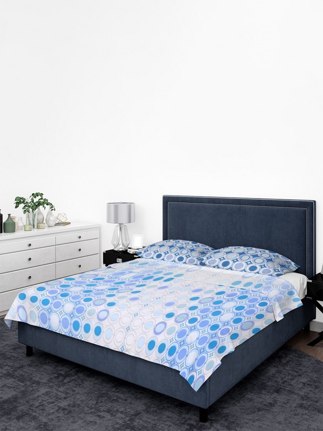 

BOMBAY DYEING Blue & Grey Geometric Cotton 104 TC Queen Bedsheet With 2 Pillow Covers