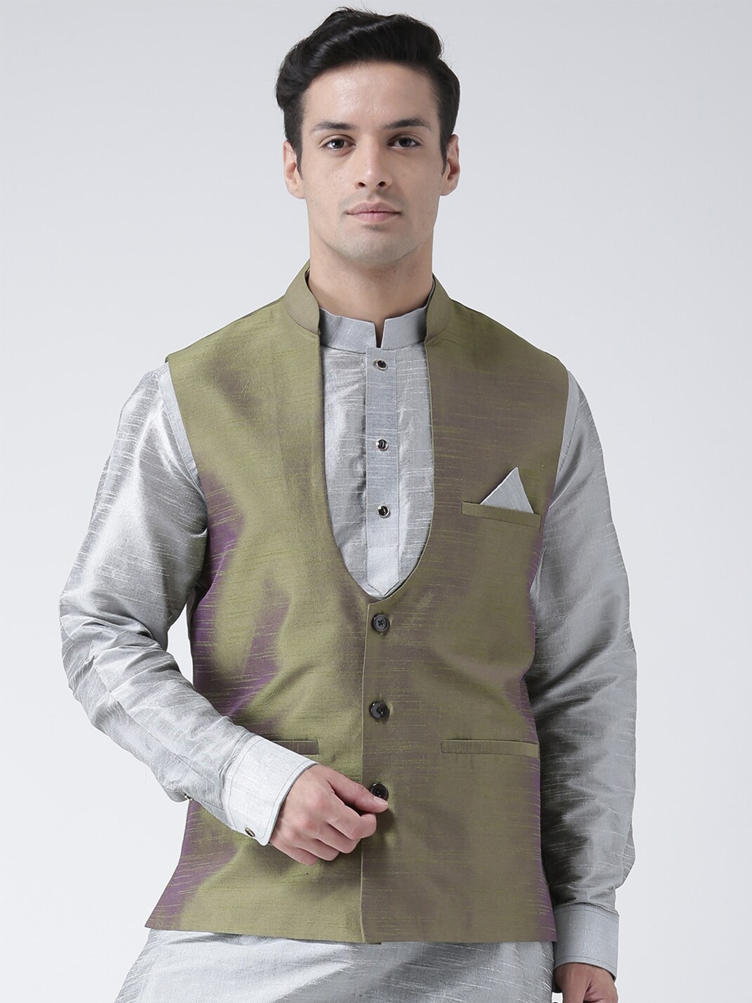 

DEYANN Mandarin Collar Nehru Jacket, Olive