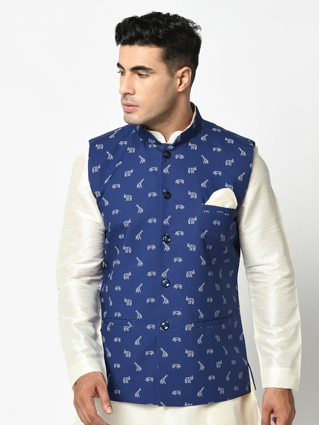 

DEYANN Printed Cotton Linen Nehru Jacket, Blue