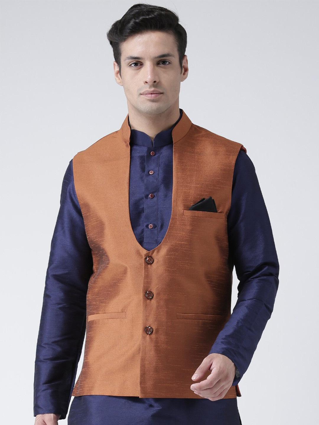 

DEYANN Mandarin Collar Nehru Jacket, Copper