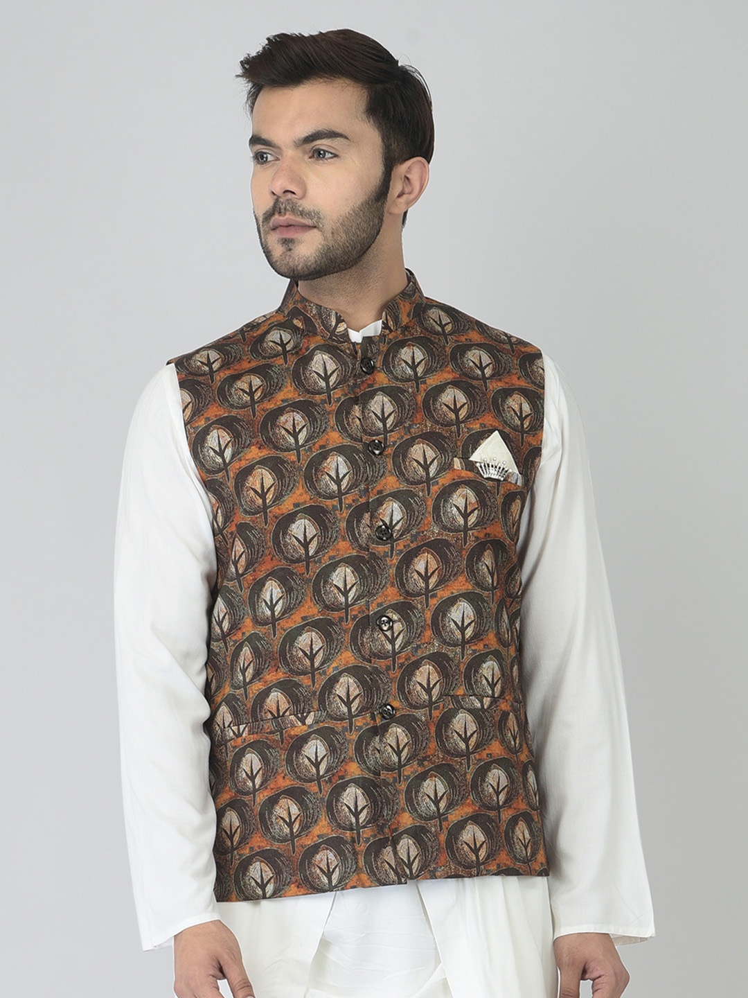 

DEYANN Printed Nehru Jacket, Brown