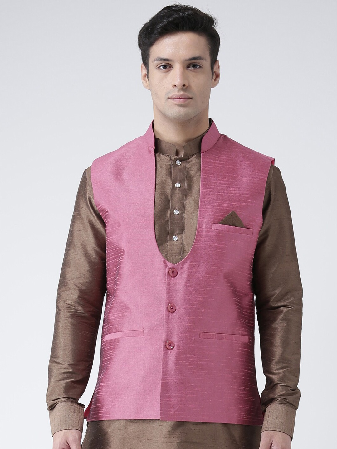 

DEYANN Mandarin Collar Dupion Silk Nehru Jacket, Pink