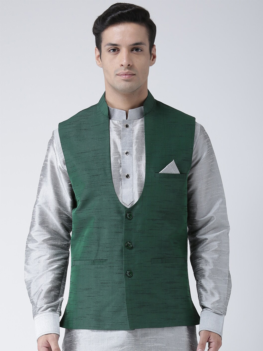 

DEYANN Mandarin Collar Dupion Silk Nehru Jacket With Pocket Square, Green