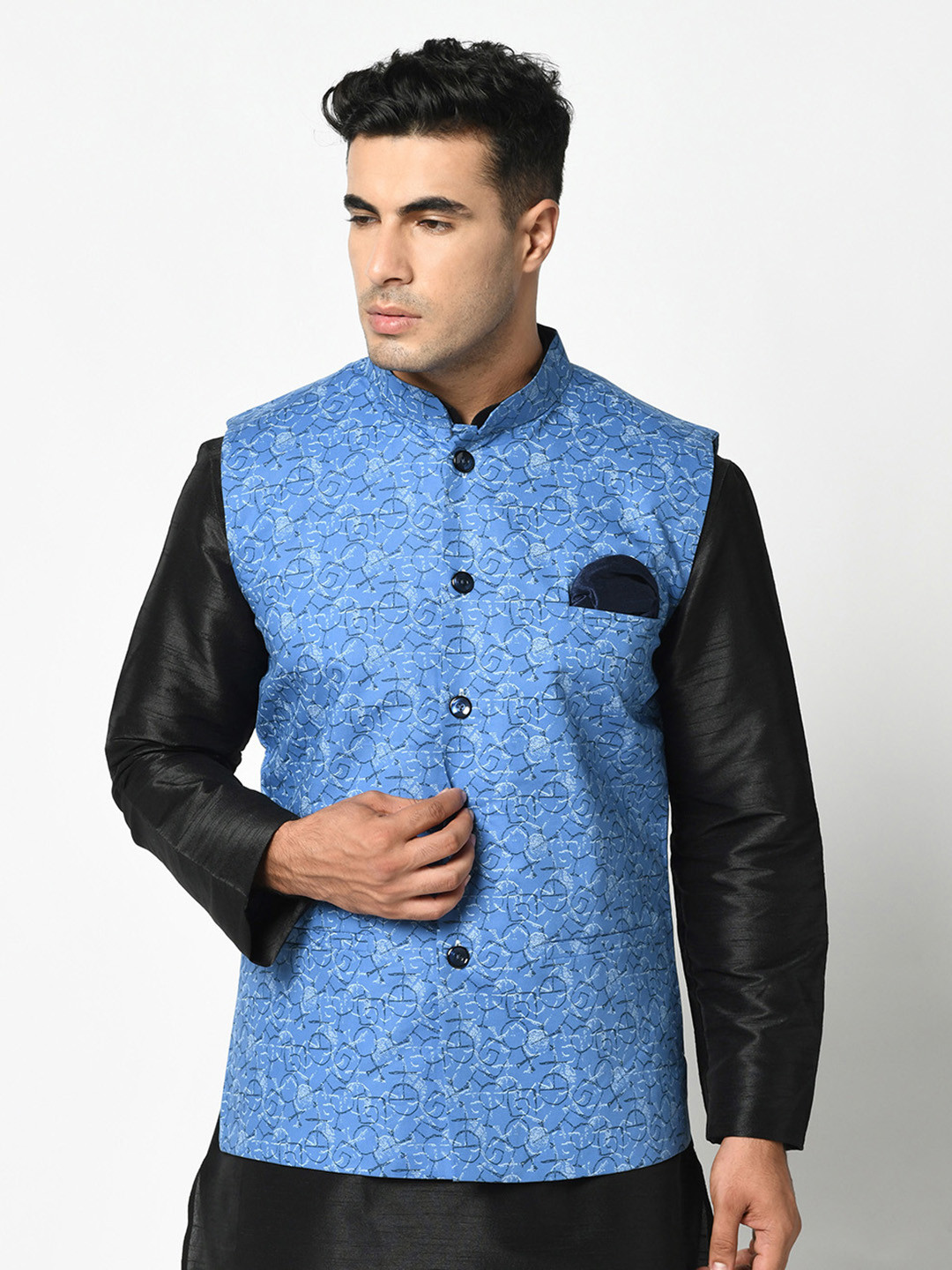

DEYANN Printed Cotton Linen Woven Nehru Jacket, Blue