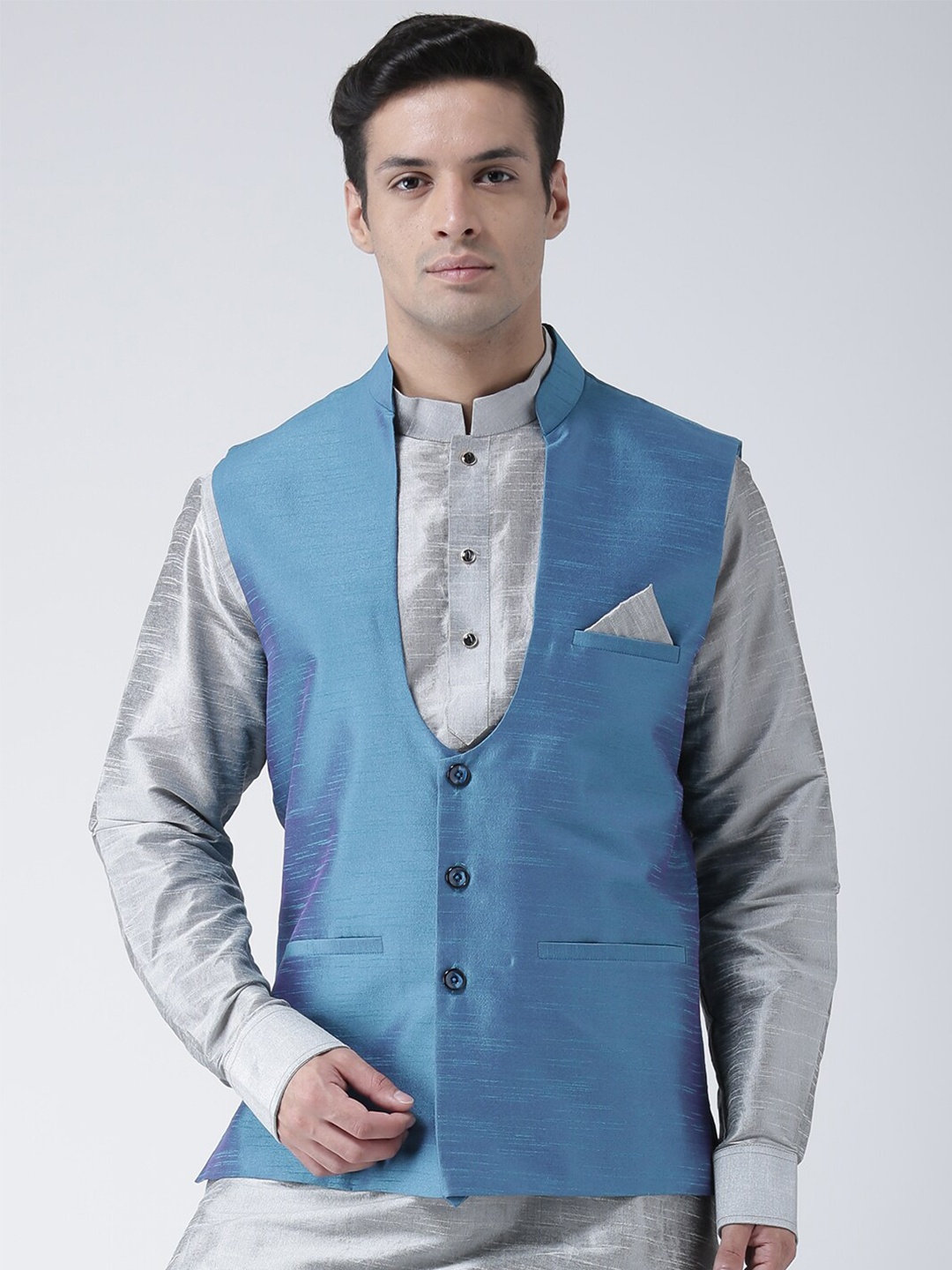 

DEYANN Mandarin Collar Dupion Silk Nehru Jacket With Pocket Square, Blue