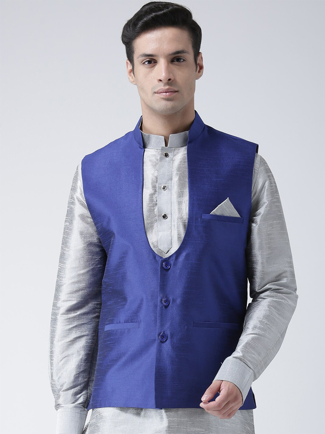 

DEYANN Mandarin Collar Dupion Silk Nehru Jacket With Pocket Square, Blue