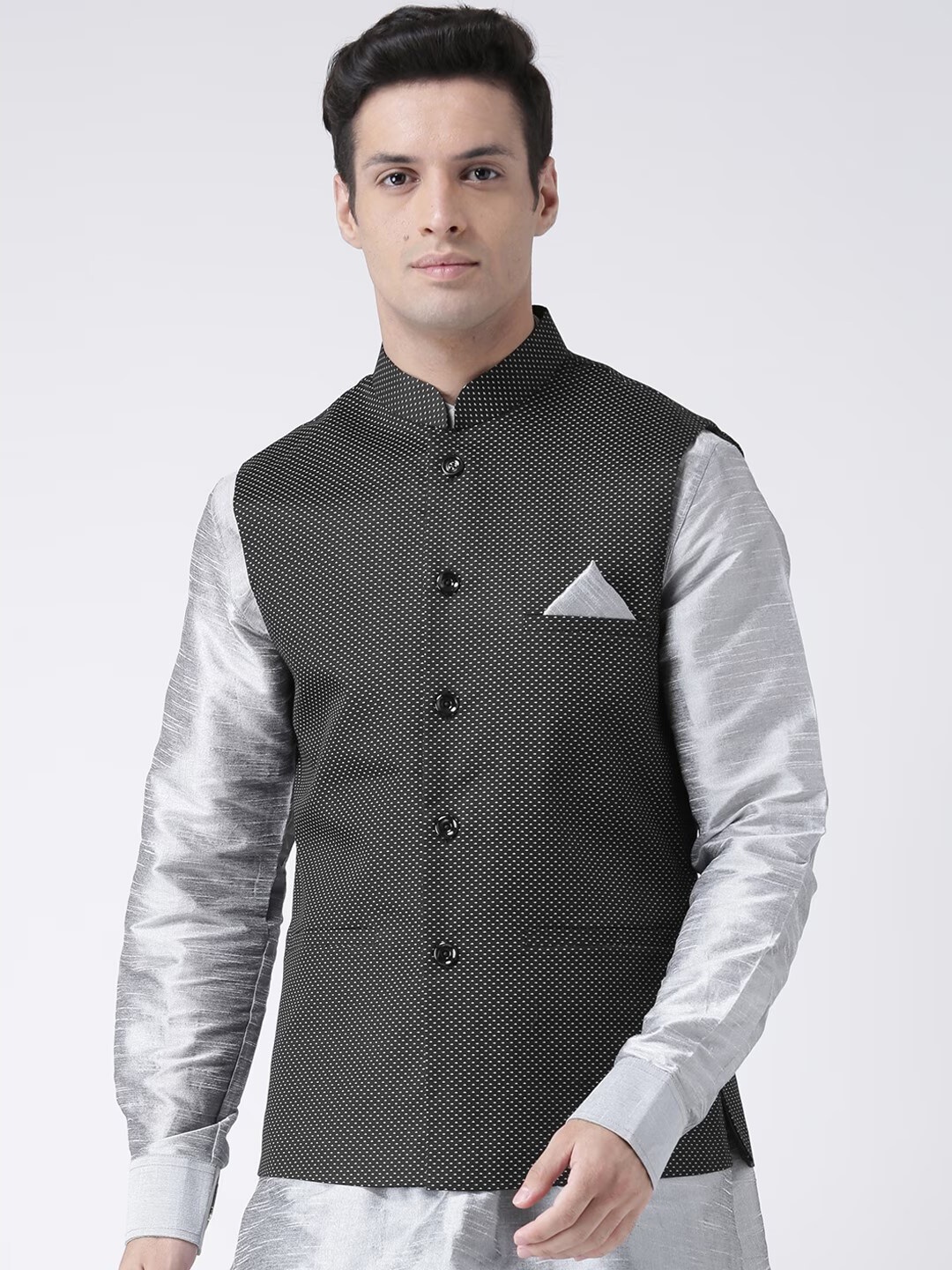 

DEYANN Printed Cotton Linen Nehru Jacket, Black