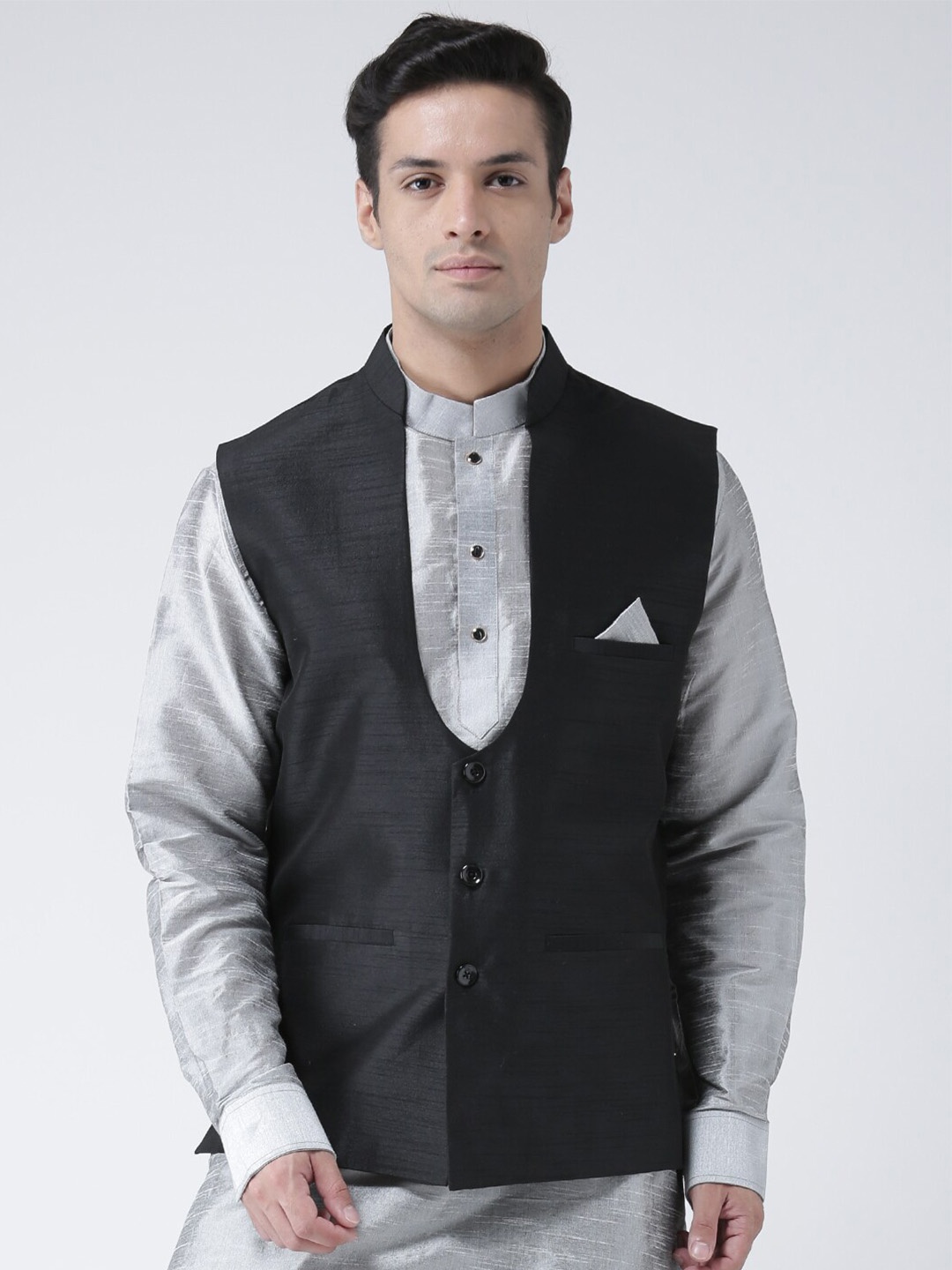 

DEYANN Mandarin Collar Nehru Jacket, Black