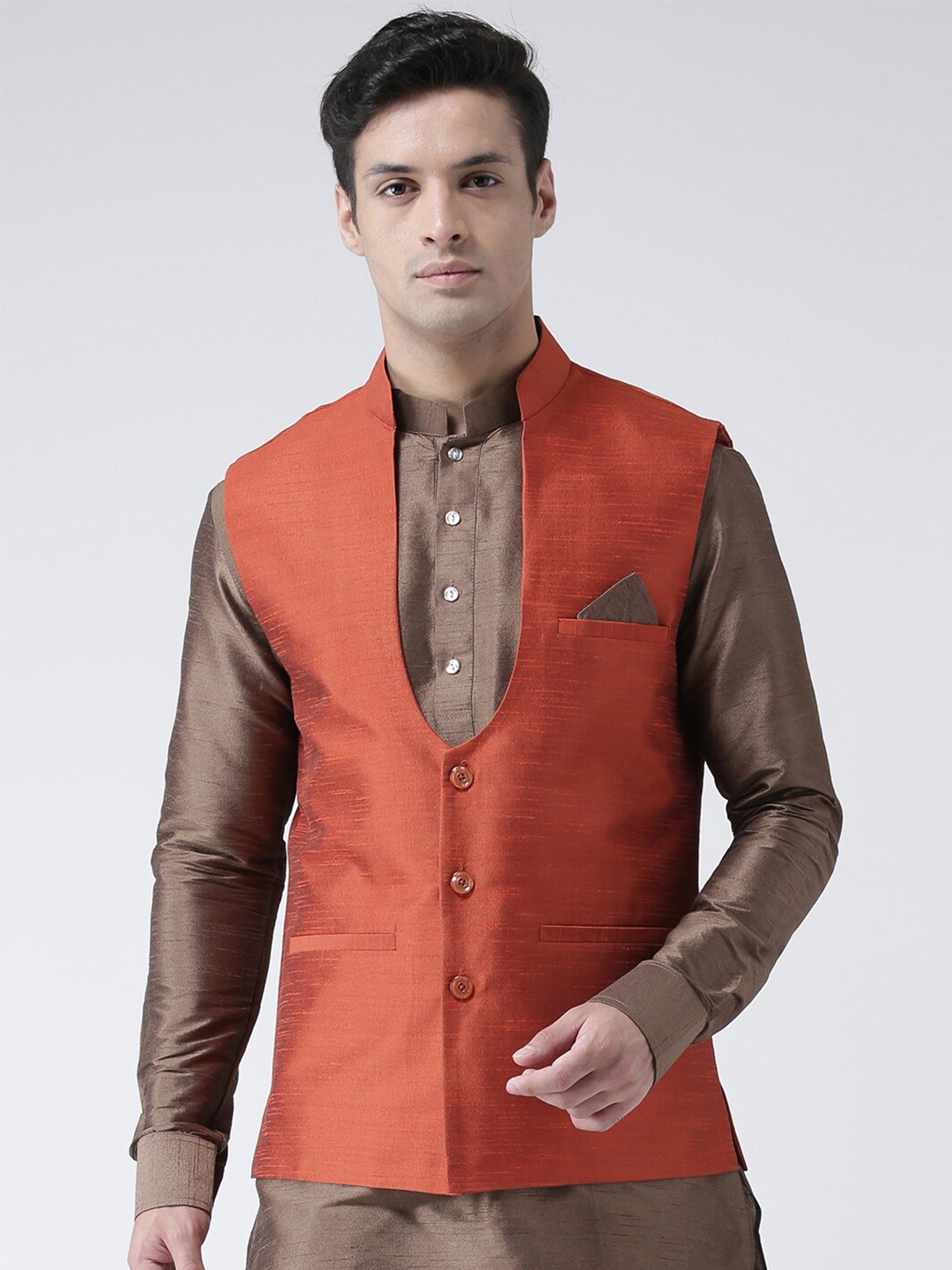 

DEYANN Mandarin Collar Dupion Silk Nehru Jacket With Pocket Square, Orange