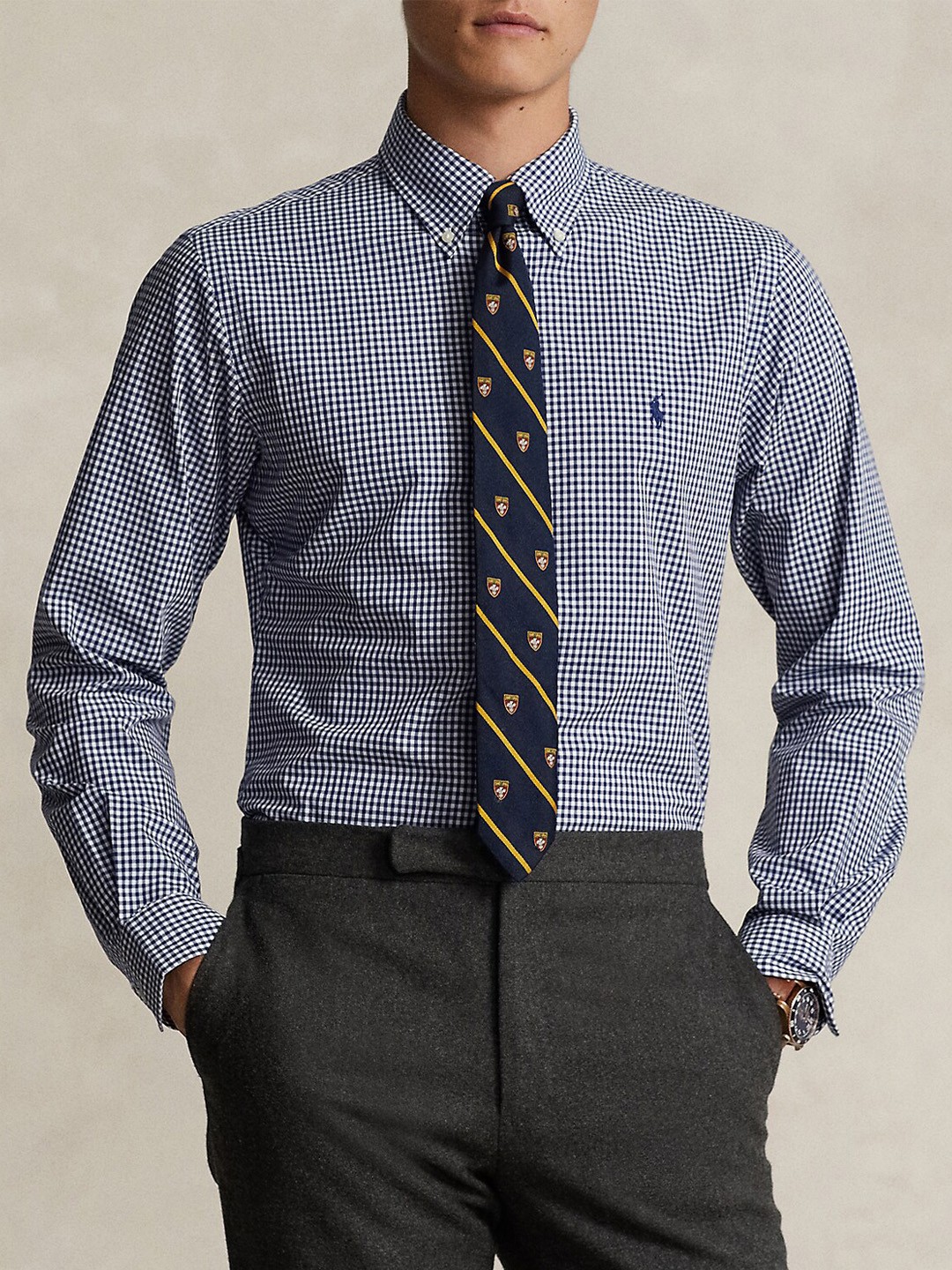 

Polo Ralph Lauren Button-Down Collar Cotton Custom Fit Gingham Stretch Poplin Shirts, Navy blue