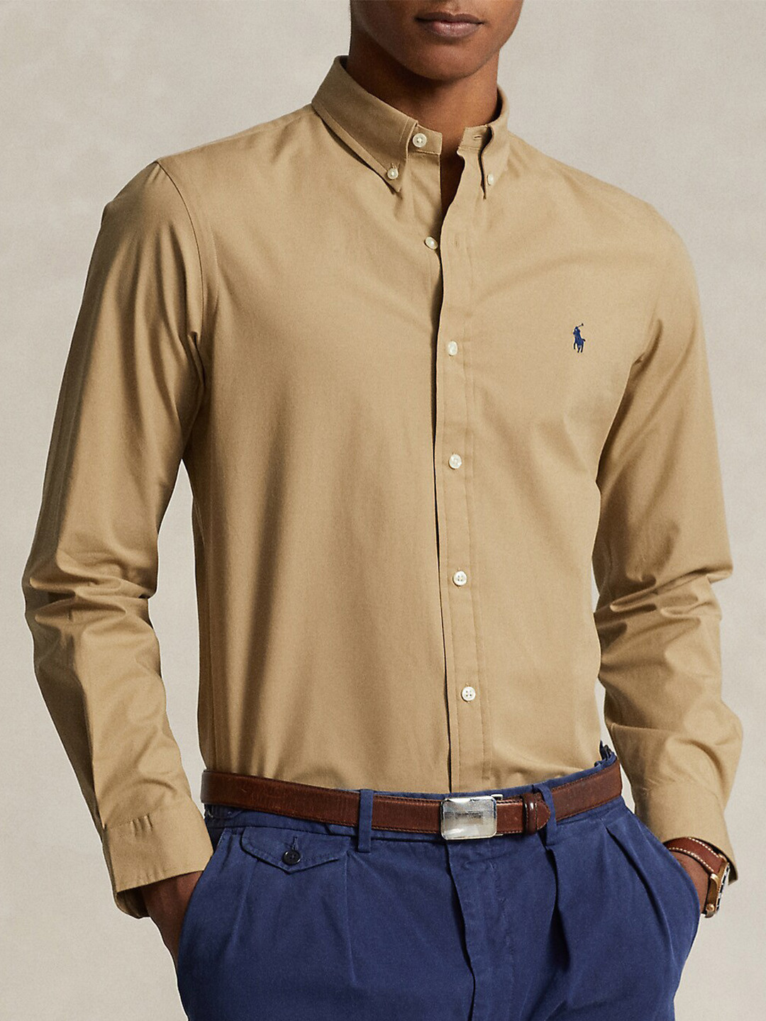

Polo Ralph Lauren Button down collar Long Sleeves Custom Fit Cotton Stretch Poplin Shirt, Beige