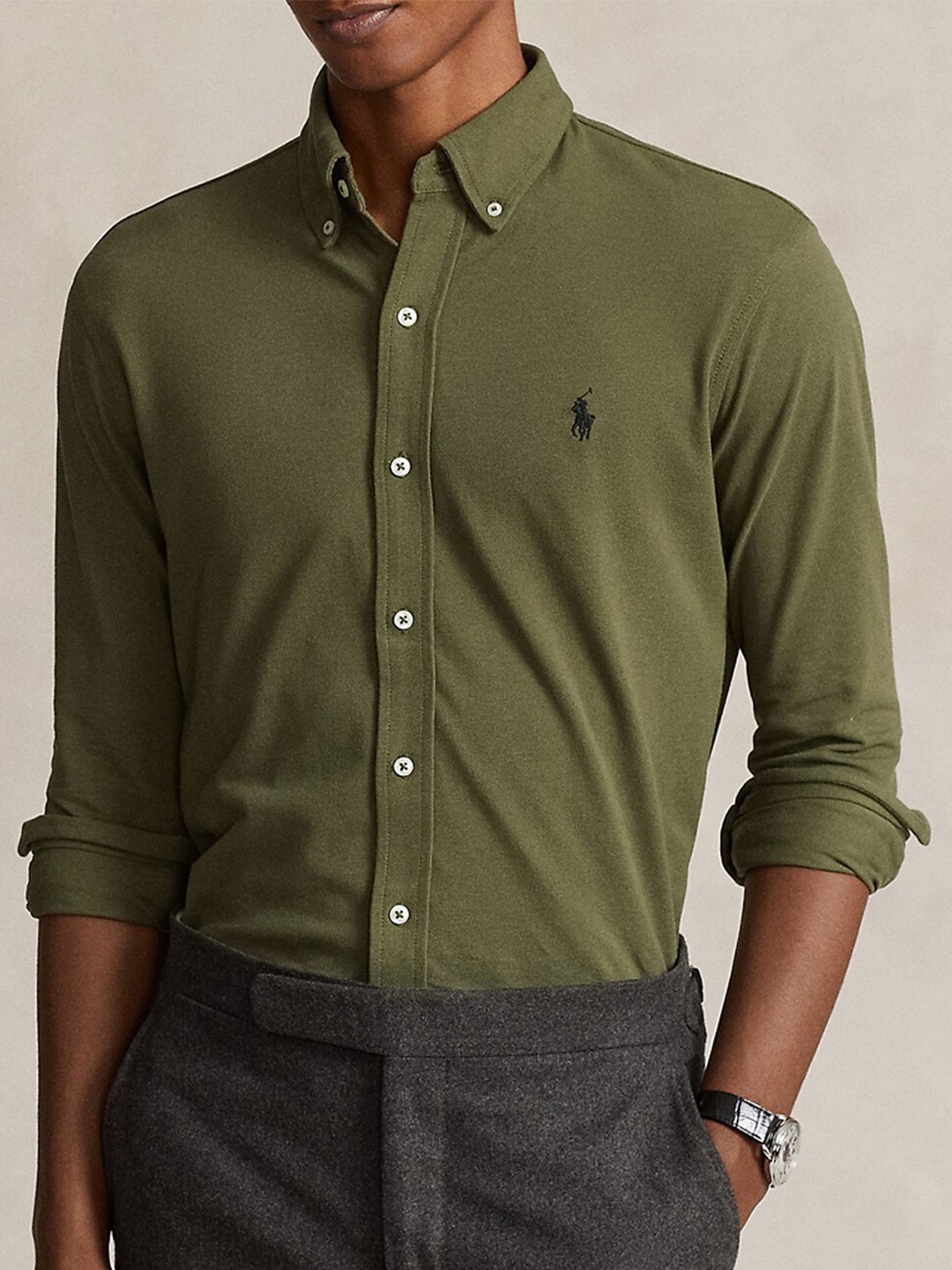 

Polo Ralph Lauren Button Down Collar Long Sleeves Cotton Featherweight Mesh Shirt, Green