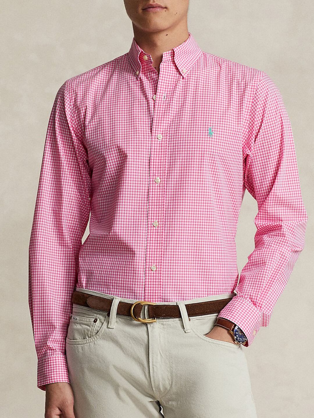 

Polo Ralph Lauren button down collar Long Sleeves Custom Fit Gingham Stretch Poplin Shirt, Pink