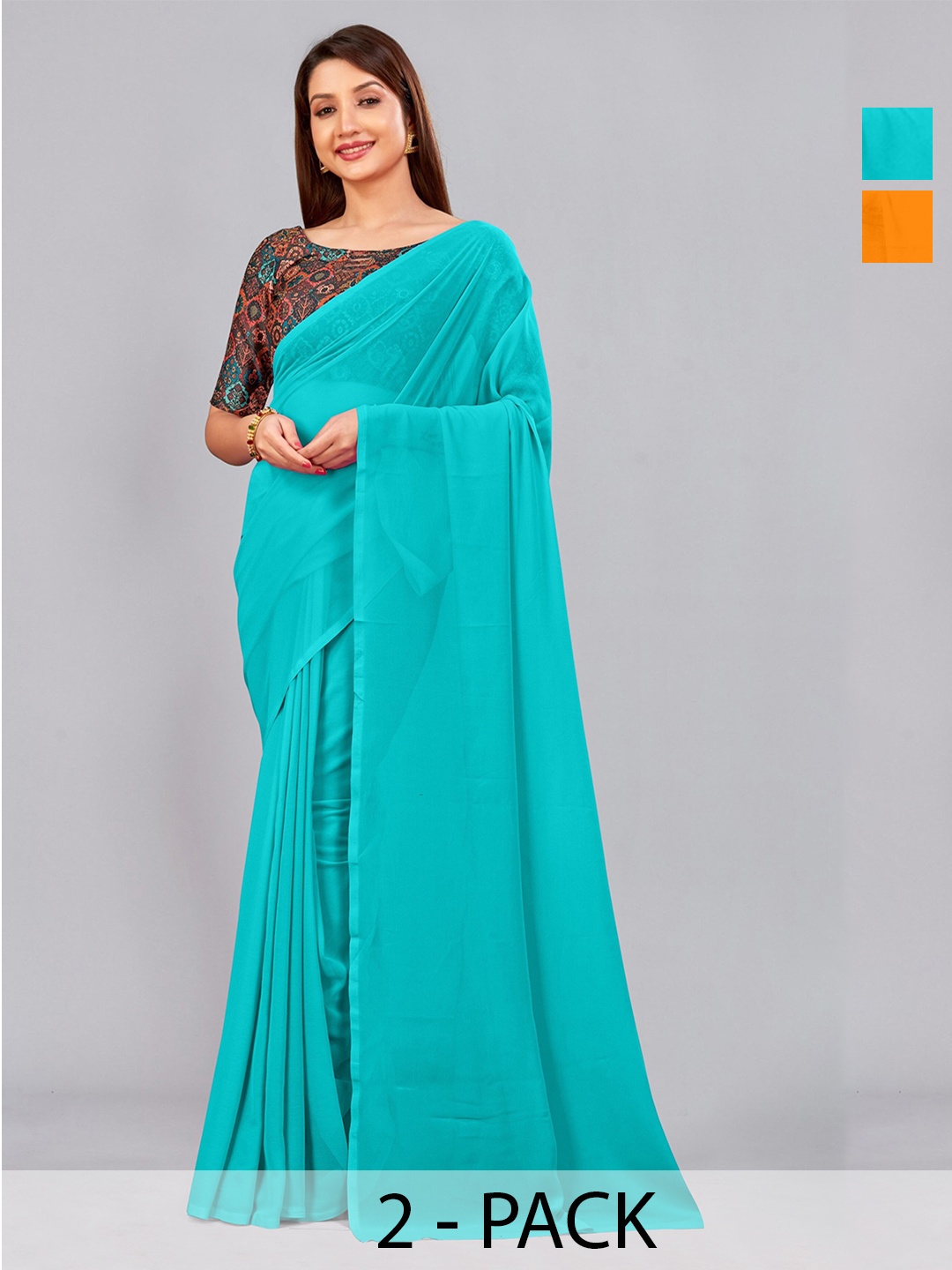 

CastilloFab Pack Of 2 Pure Georgette Saree, Turquoise blue