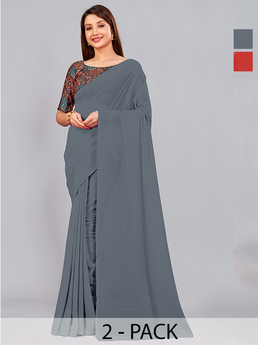 

CastilloFab Selection Of 2 Ethnic Pure Georgette Sarees, Grey