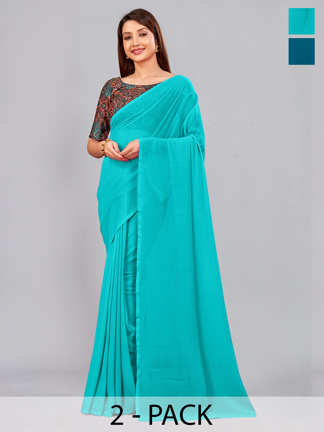 

CastilloFab Pack Of 2 Pure Georgette Sarees, Turquoise blue