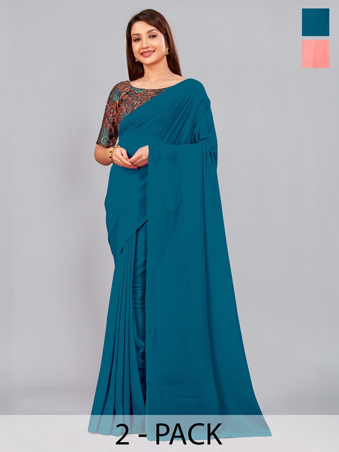 

CastilloFab Selection Of 2 Pure Georgette Sarees, Peach