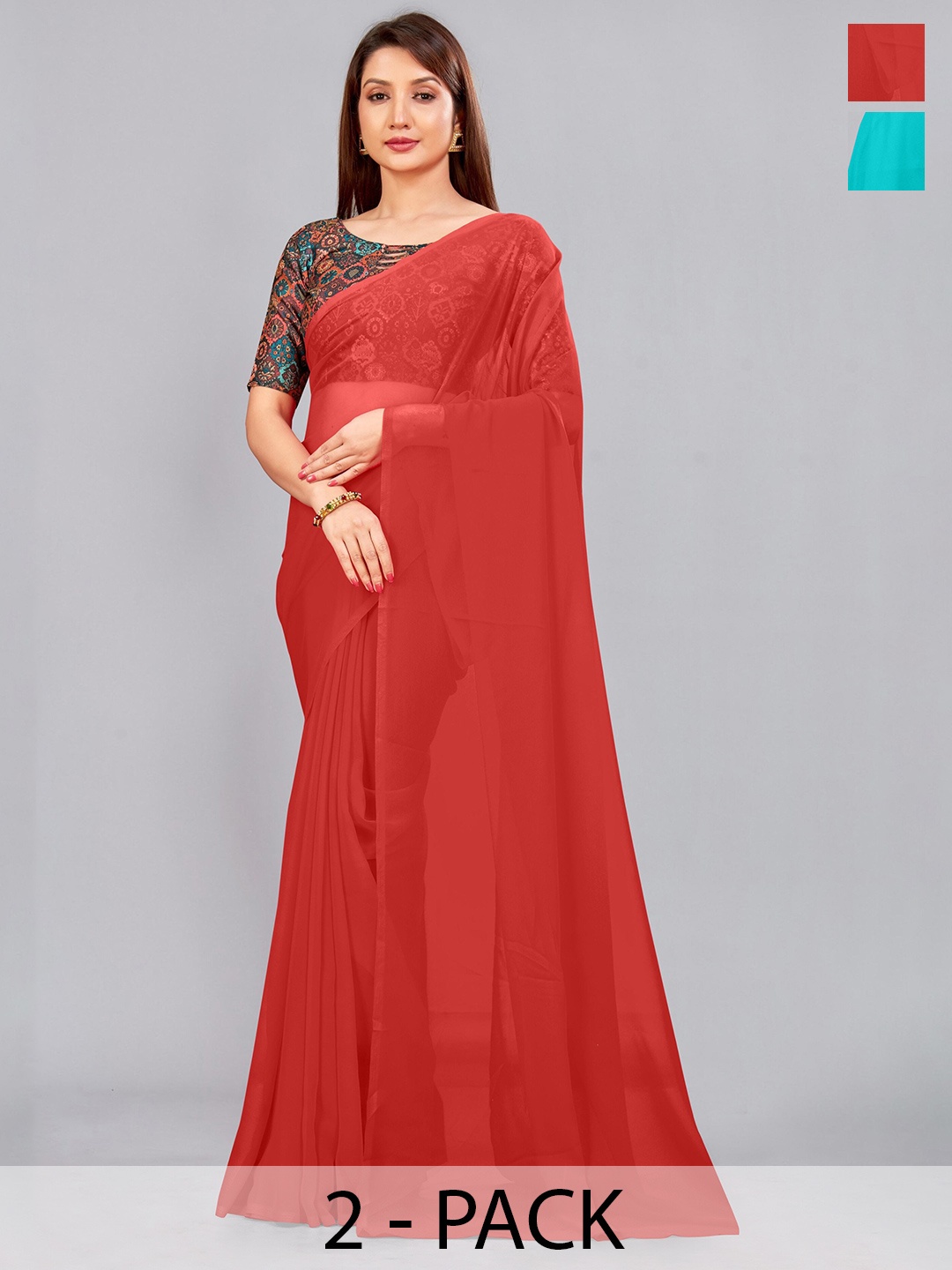 

CastilloFab Selection Of 2 Pure Georgette Saree, Turquoise blue