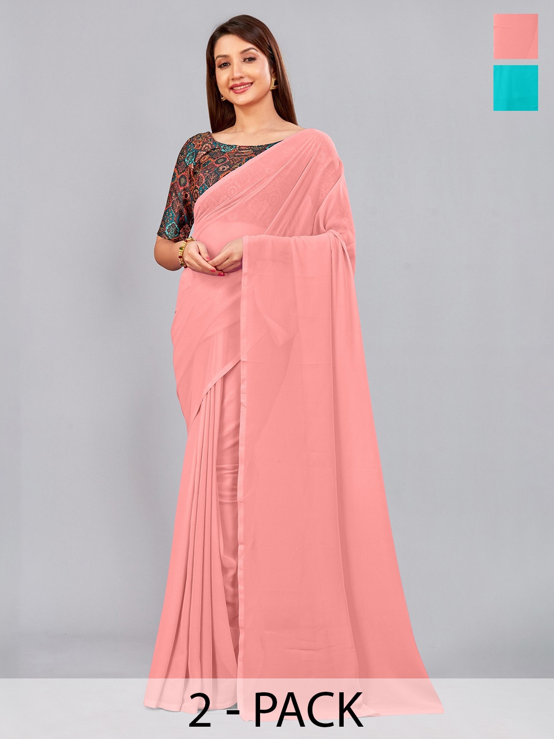 

CastilloFab Selection Of 2 Pure Georgette Sarees, Turquoise blue