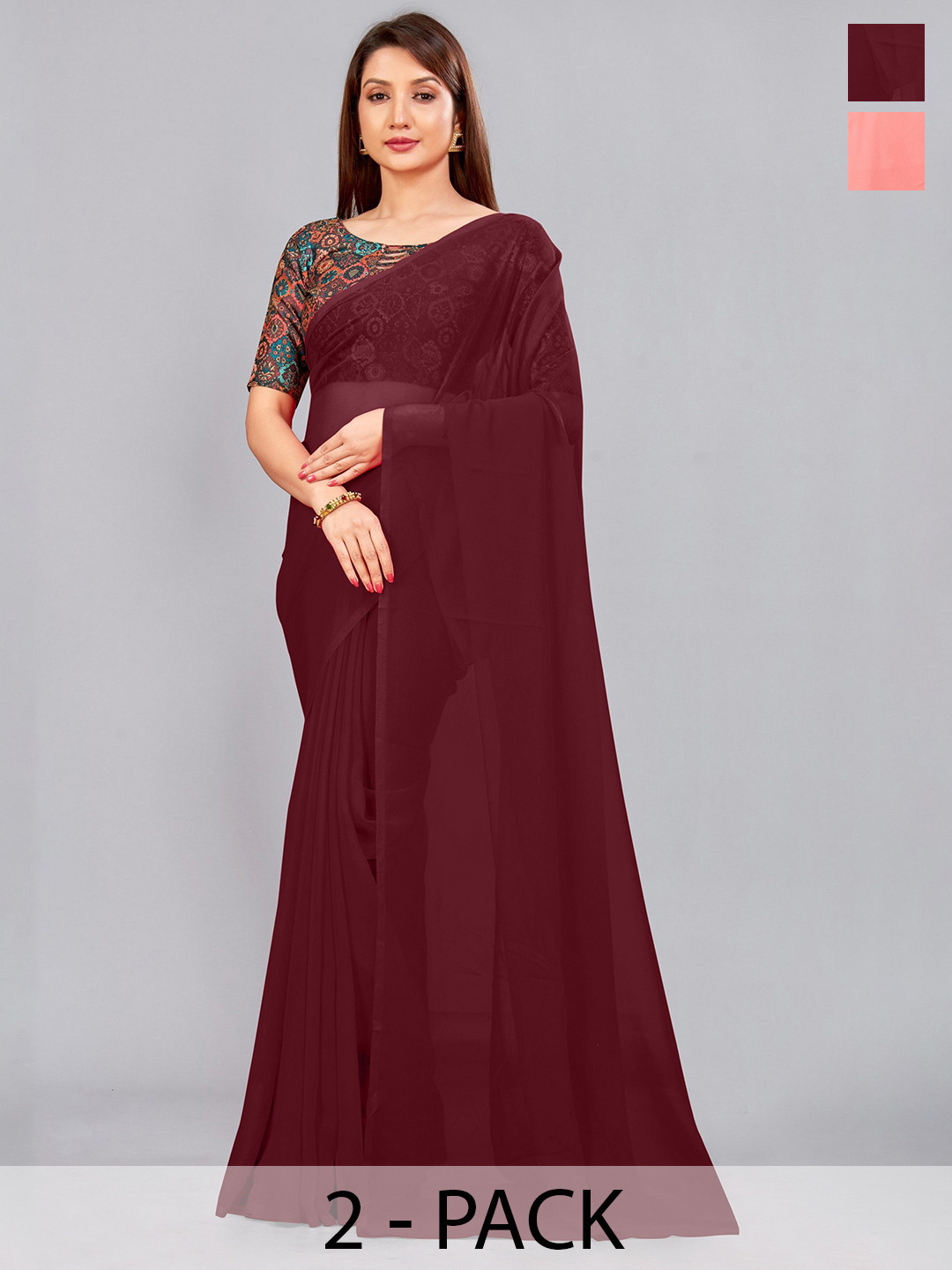 

CastilloFab Pack Of 2 Pure Georgette Saree, Peach
