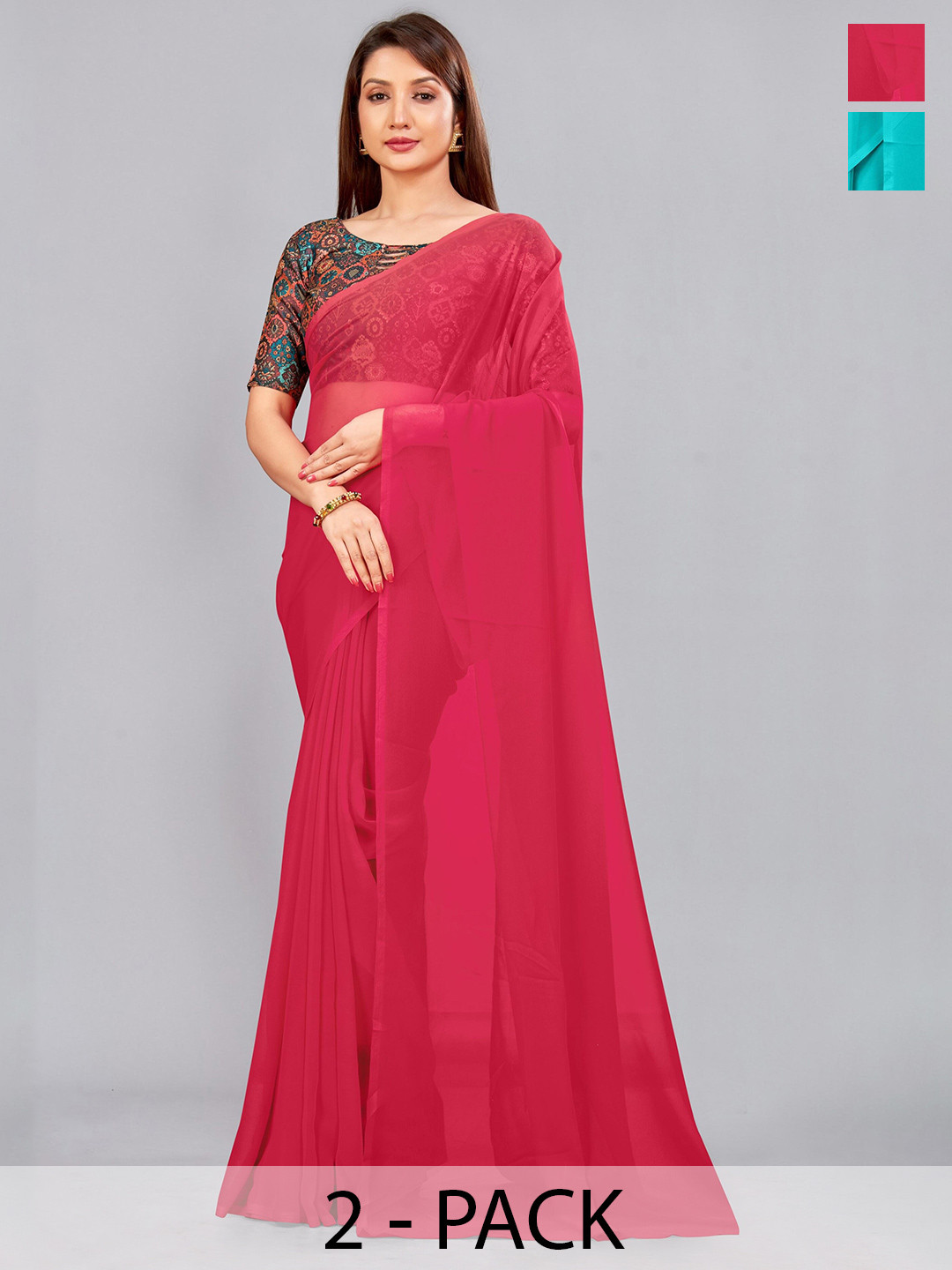 

CastilloFab Pack Of 2 Pure Georgette Sarees, Turquoise blue
