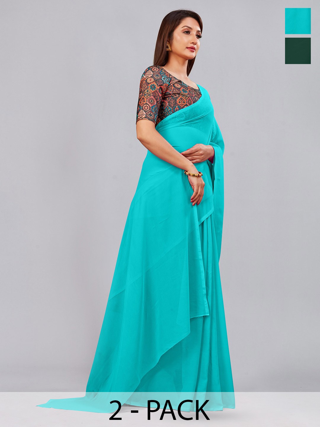 

CastilloFab Selection Of 2 Pure Georgette Saree, Turquoise blue