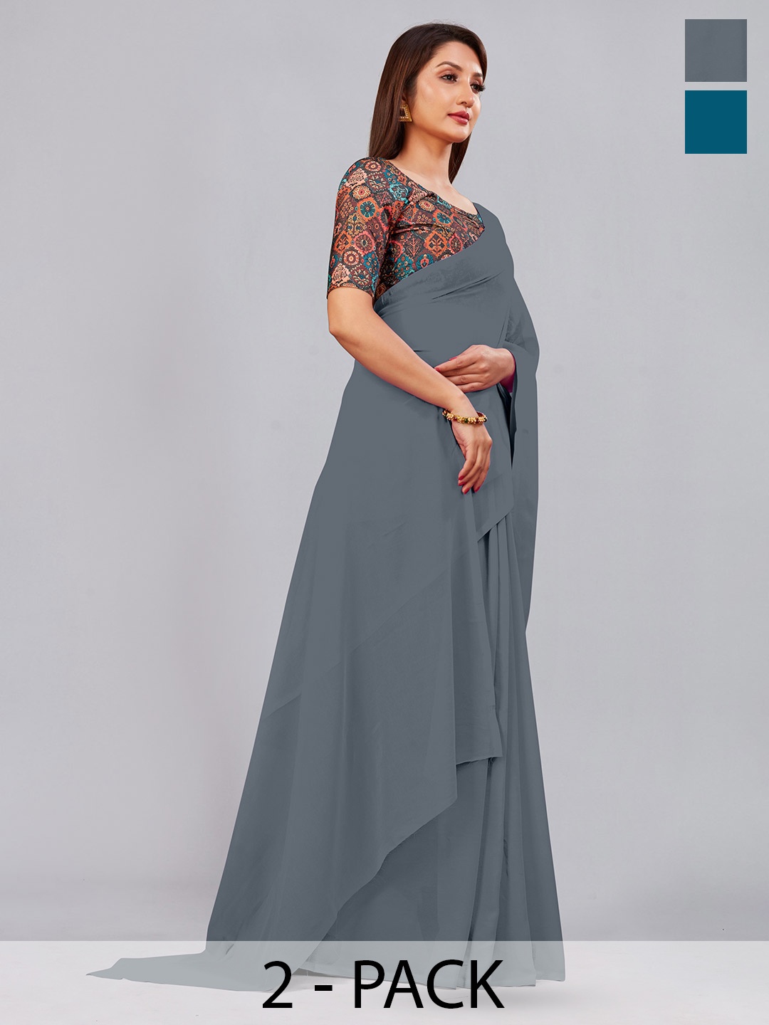 

CastilloFab Pack Of 2 Pure Georgette Saree, Grey