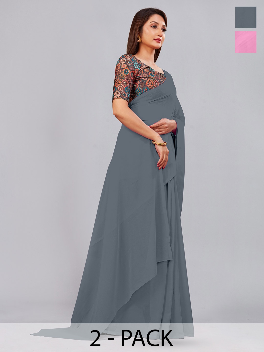 

CastilloFab Pack Of 2 Pure Georgette Saree, Grey