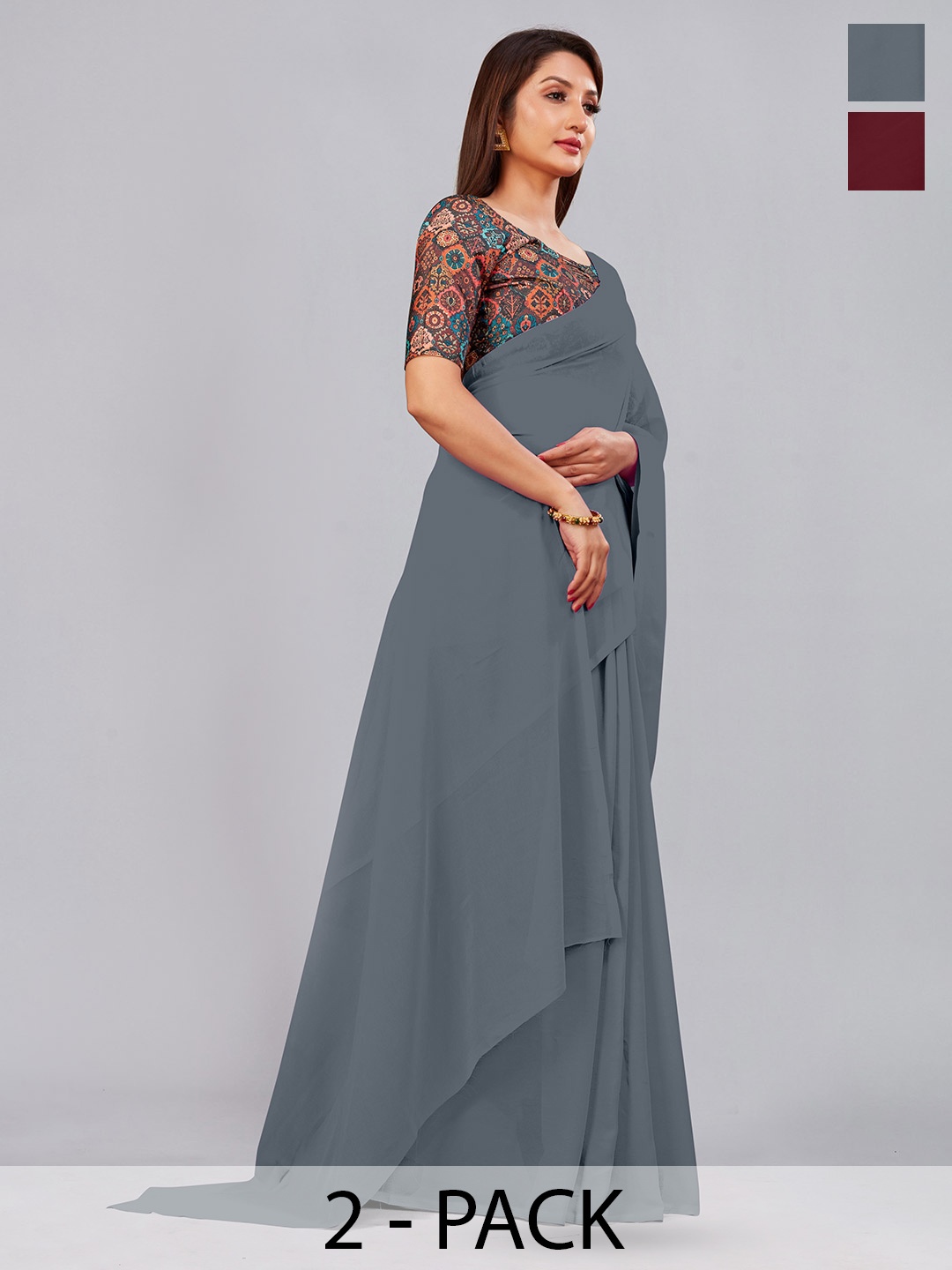 

CastilloFab Selection Of 2 Ethnic Pure Georgette Sarees, Grey