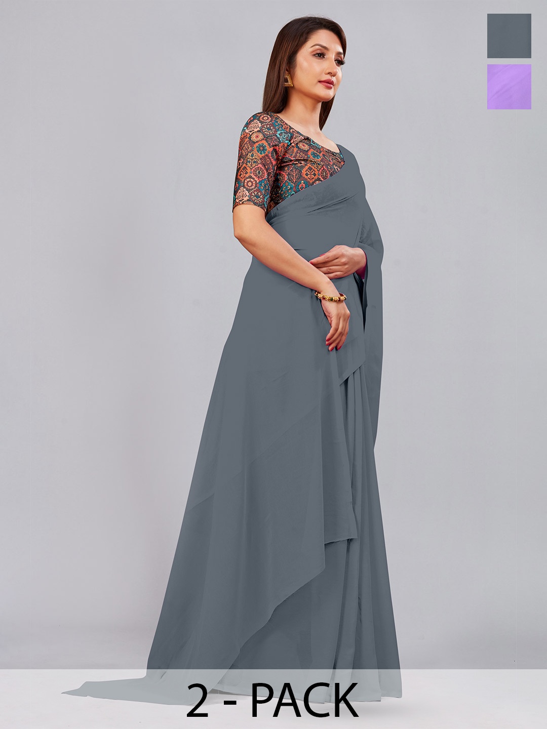

CastilloFab Pack Of 2 Pure Georgette Saree, Grey
