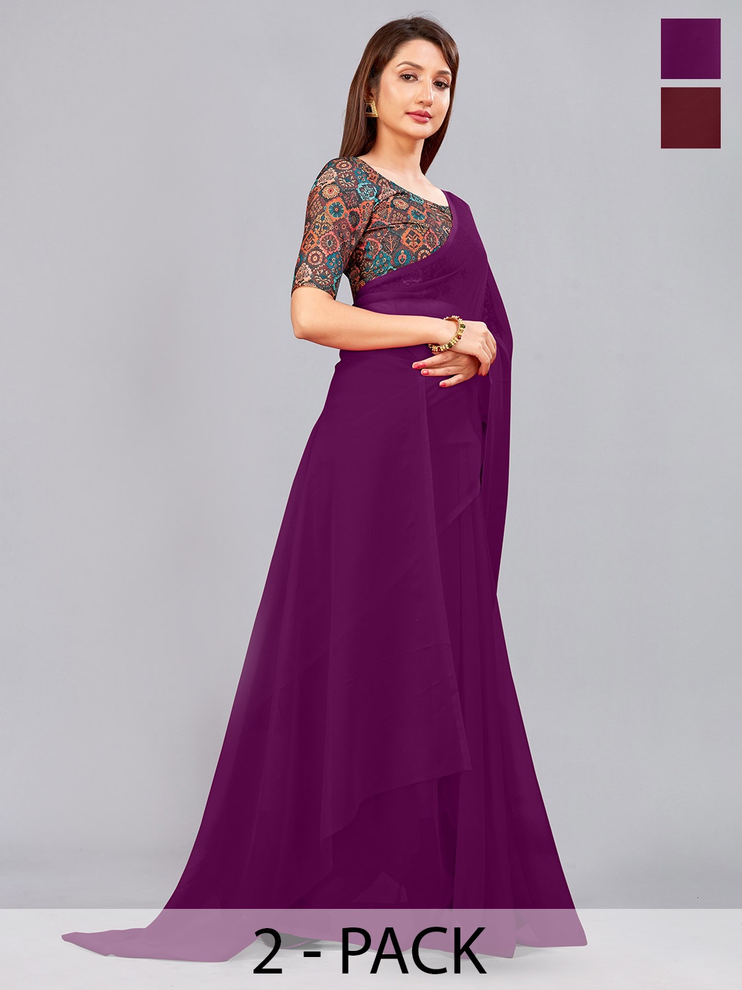 

CastilloFab Pack Of 2 Pure Georgette Saree, Burgundy