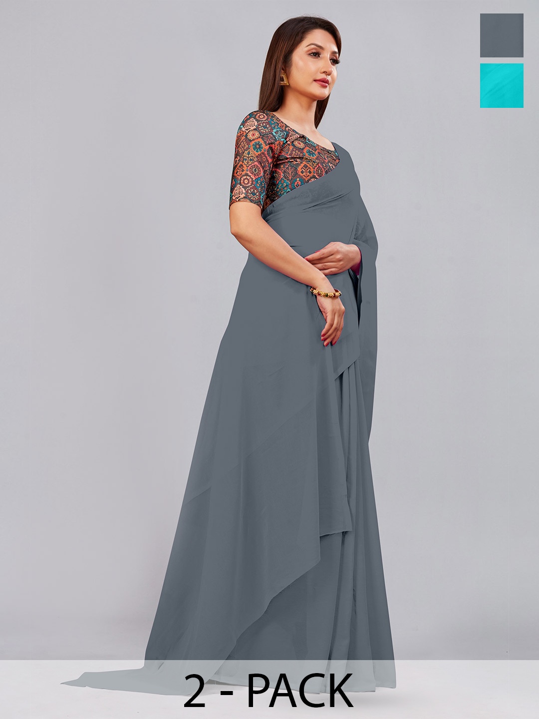 

CastilloFab Selection Of 2 Pure Georgette Saree, Grey