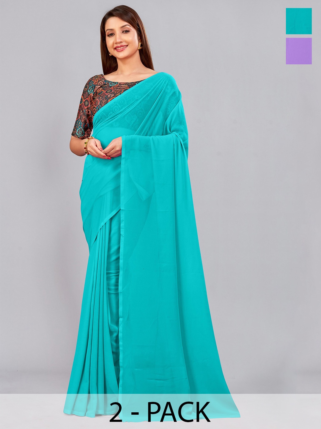 

CastilloFab Pack Of 2 Pure Georgette Saree, Turquoise blue