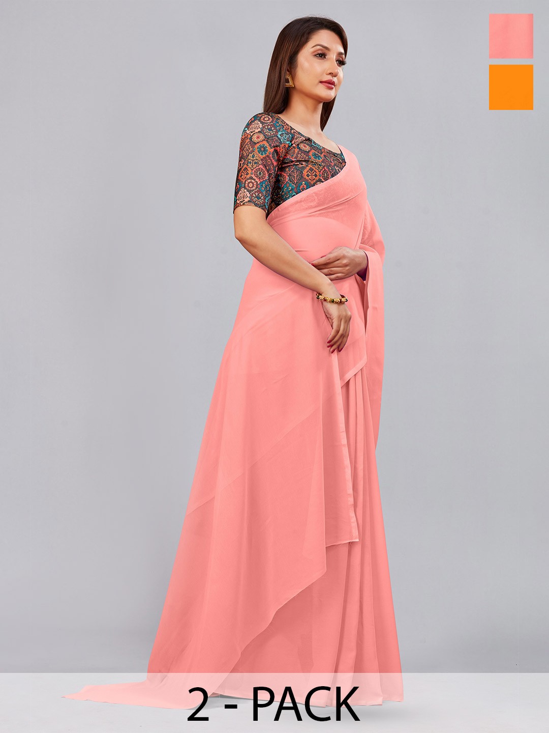 

CastilloFab Selection Of 2 Ethnic Pure Georgette Sarees, Peach