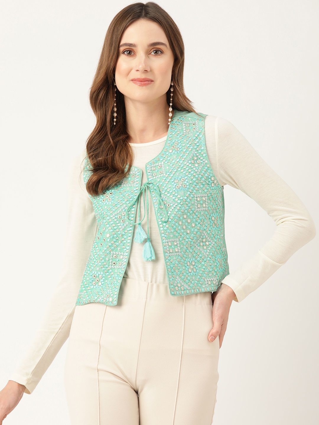 

Rue Collection Geometric Pure Cotton Crop Tailored Jacket with Embroidered Detail, Sea green