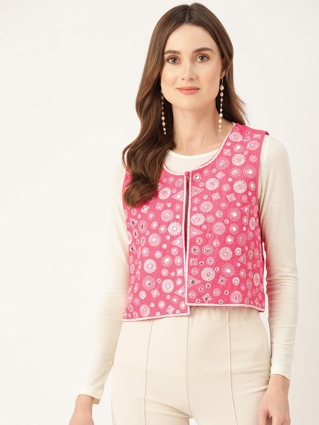 

Rue Collection Geometric Pure Cotton Crop Tailored Jacket with Embroidered Detail, Pink