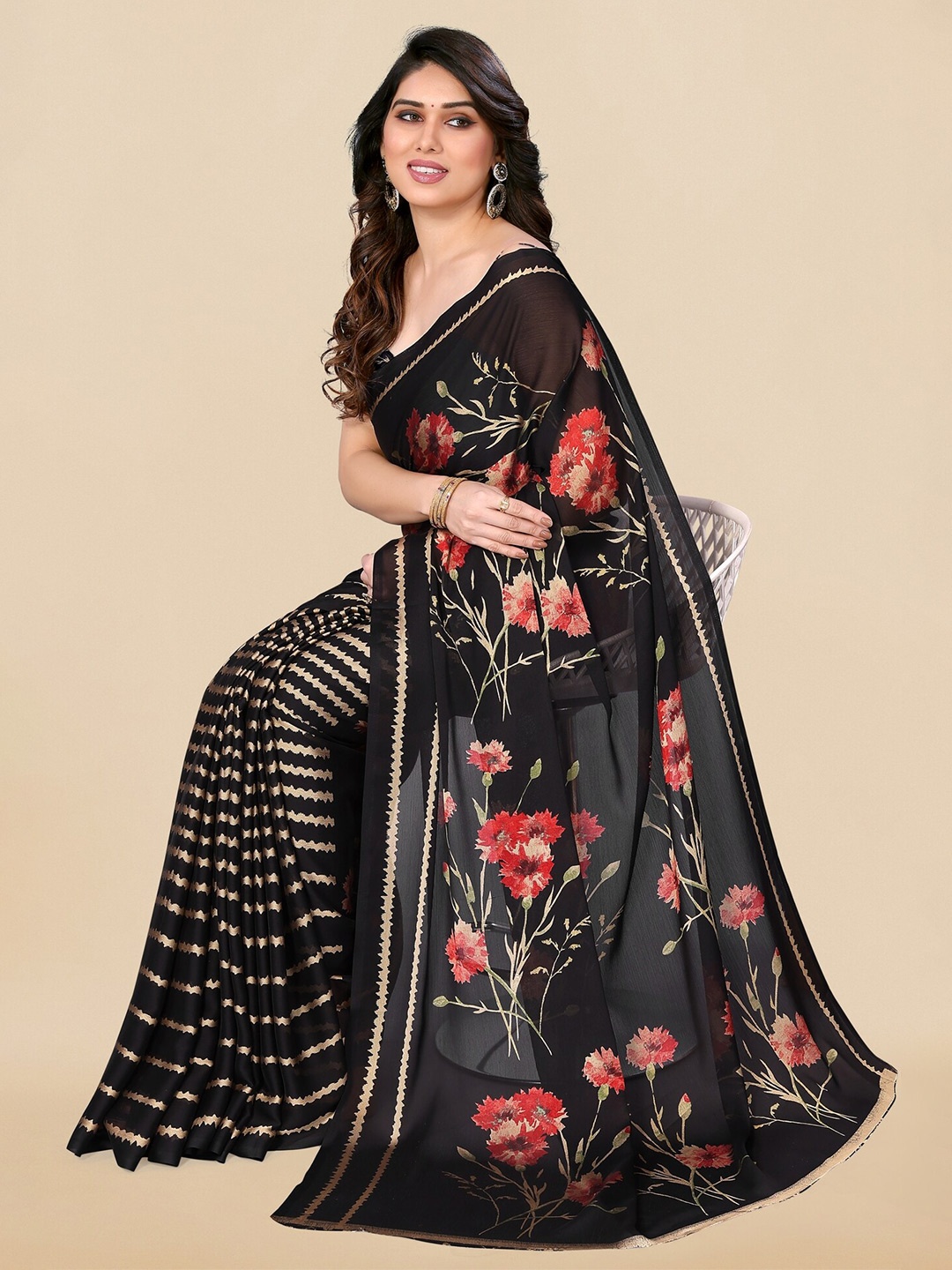 

KALINI Floral Printed Half And Half Saree, Black