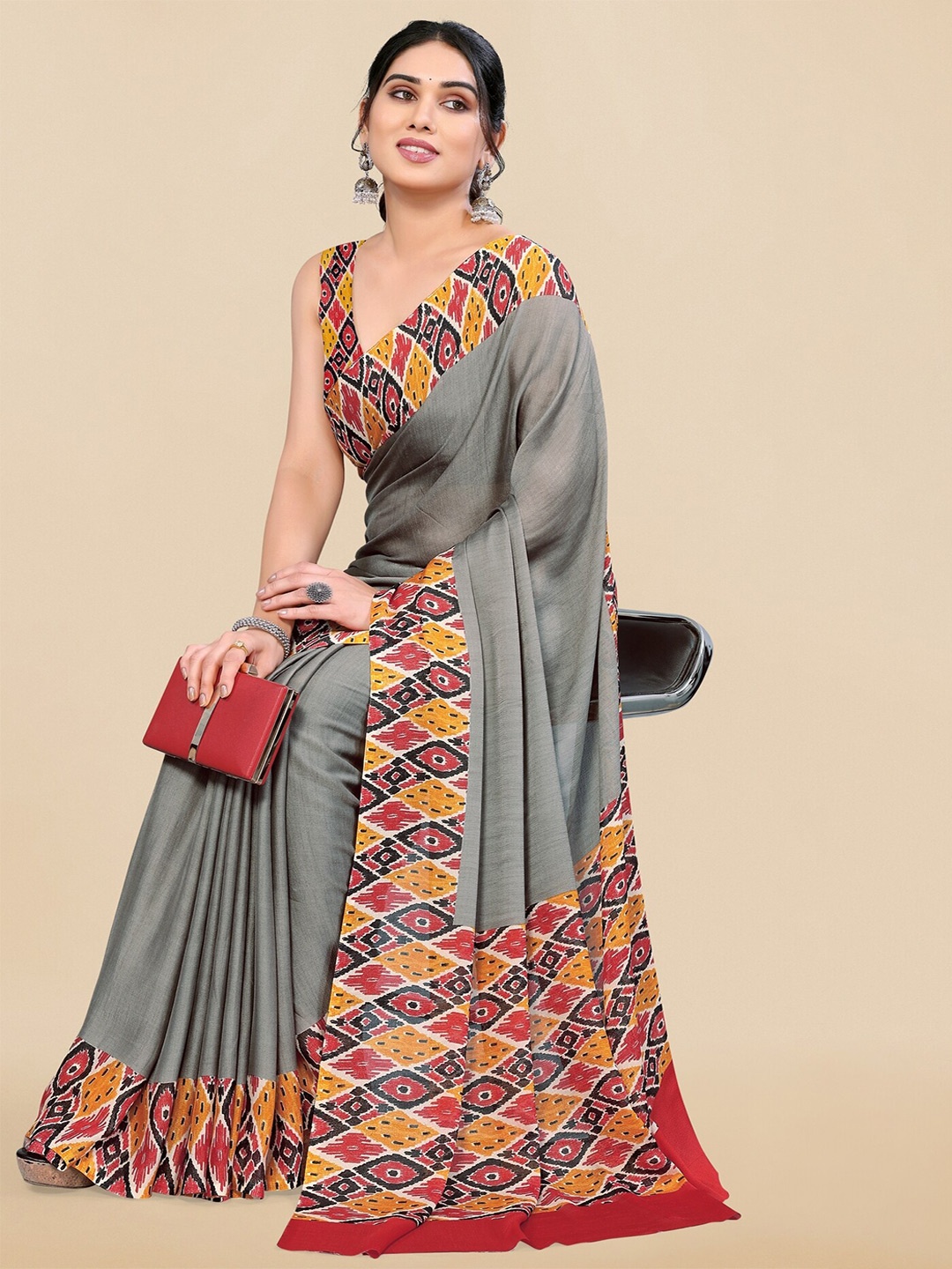 

KALINI Printed Border Saree, Grey