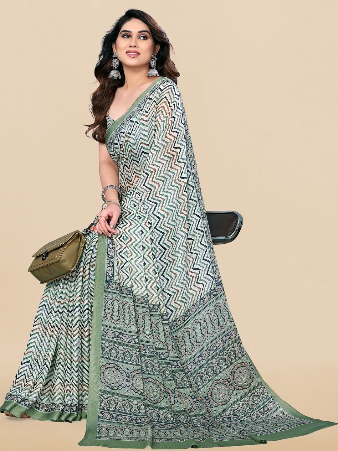 

KALINI Chevron Printed Saree, Cream