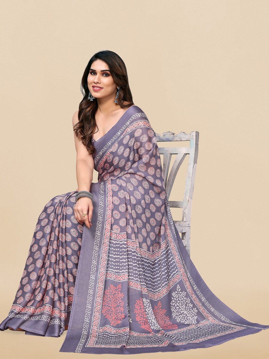 

KALINI Ethnic Motifs Printed Block Print Saree, Lavender