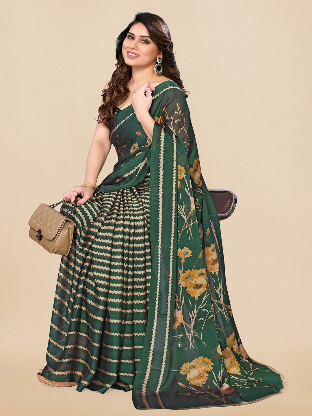 

KALINI Floral Printed Half & Half Saree, Green