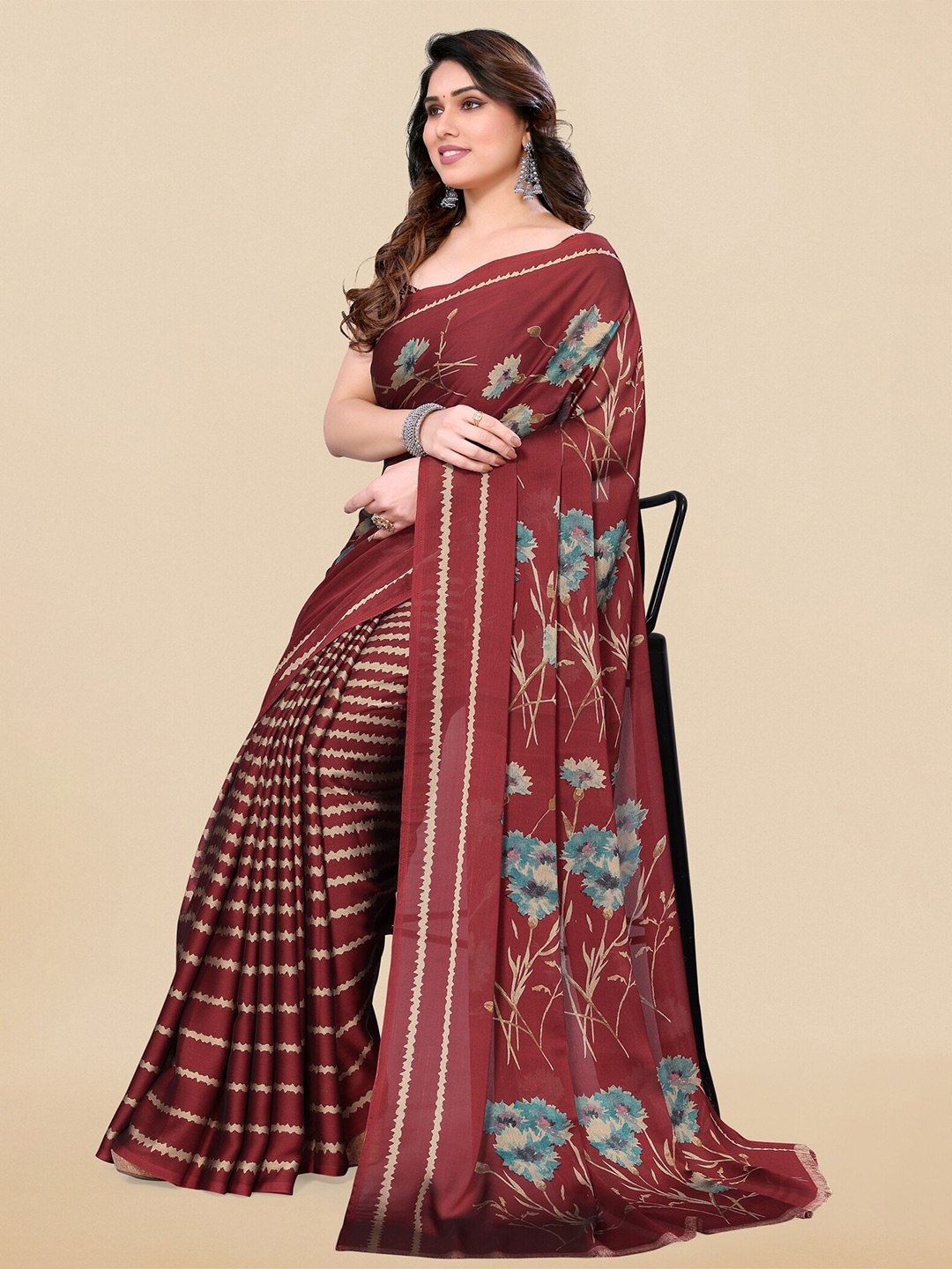 

KALINI Floral Printed Half & Half Saree, Maroon