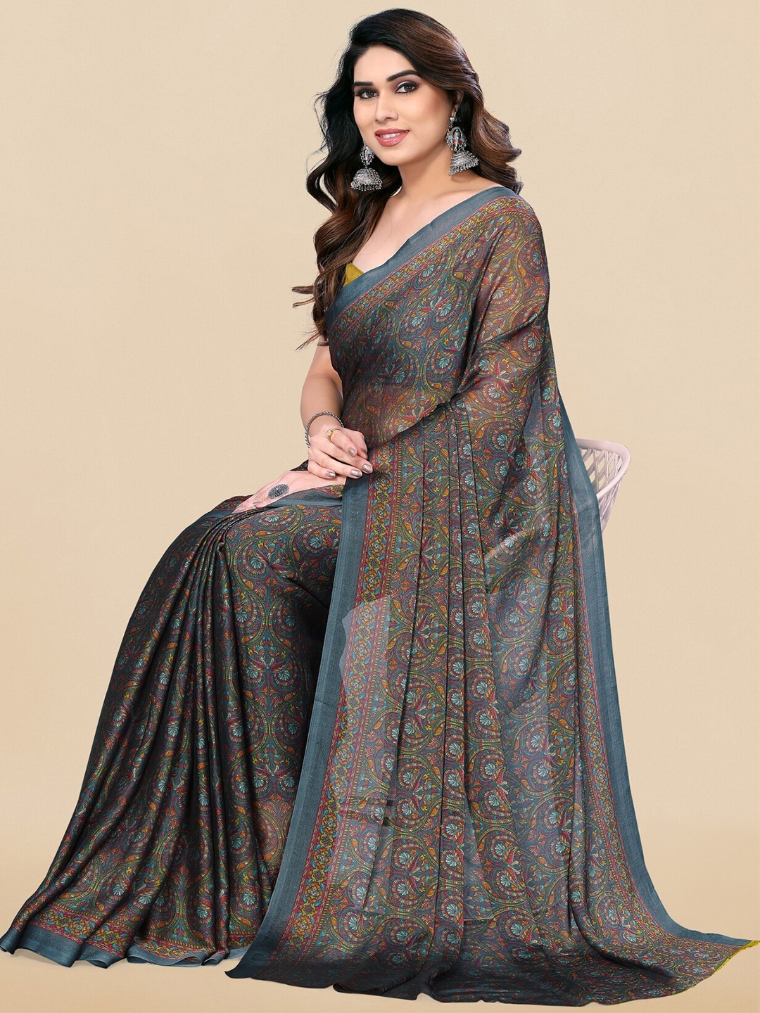 

KALINI Ethnic Motifs Printed Saree, Grey