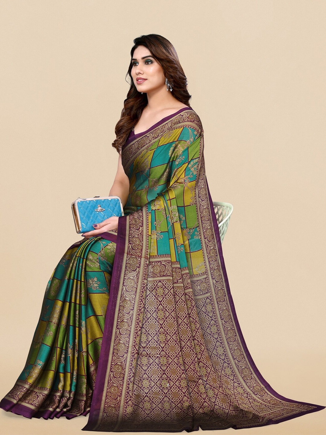 

KALINI Geometric Printed Saree, Teal